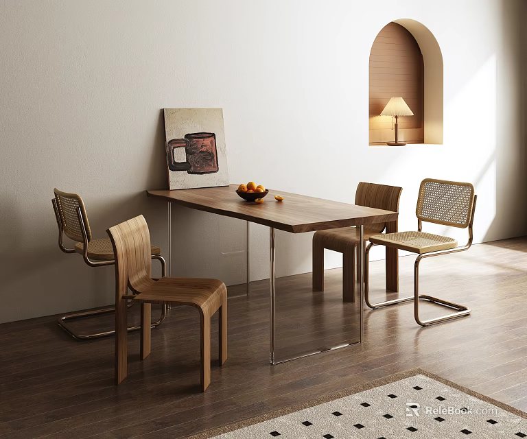 Minimalist Light Wood Dining Table Set With Woven Back Chairs Metal Legs And Natural Light 3d model 