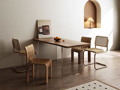 Minimalist Light Wood Dining Table Set With Woven Back Chairs Metal Legs And Natural Light 3d model