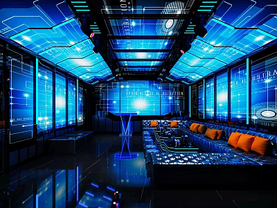 Futuristic KTV Lounge Interior With Blue Lighting Sofa Seating And Digital Screens 3d model