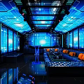 Futuristic KTV Lounge Interior With Blue Lighting Sofa Seating And Digital Screens