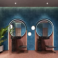 Public Toilet Interior With Blue Walls Round Mirrors Black Sinks And Green Plant