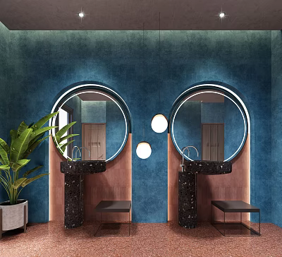 Public Toilet Interior With Blue Walls Round Mirrors Black Sinks And Green Plant 3d model