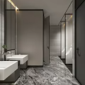 Modern Public Restroom With Marble Floor Washbasins Mirror Walls And Private Stalls