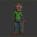Elderly Man Character in Green Polo Shirt and Blue Pants with Walking Cane