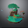 Floating Island Scene With Large Green Tree Wooden Hut Bridge Pond Fish And Boat