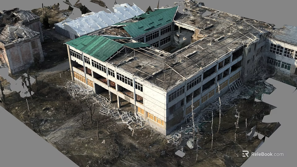 Collapsed Building Ruins With Damaged Green Roof Section And Debris Scattered Around 3d model