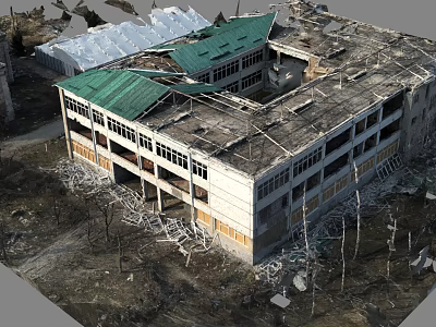 Collapsed Building Ruins With Damaged Green Roof Section And Debris Scattered Around 3d model