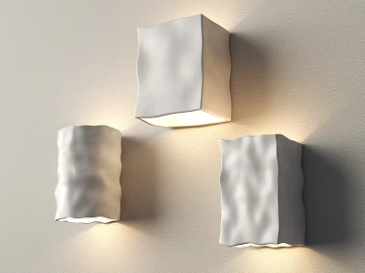 Three White Textured Wall Lamps Mounted On Beige Wall For Illumination 3d model