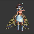 Purple Hair Character With Moth Wings Red Hat Glasses Orange Sweater Blue Shorts Colorful Patterns