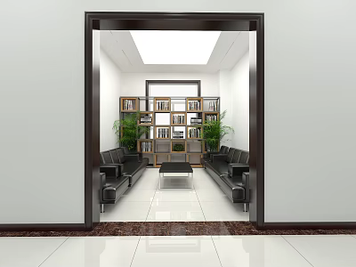 Elegant Hotel Public Lounge With Black Leather Sofas Bookshelves Green Plants And Shiny Marble Floor Lighting 3d model