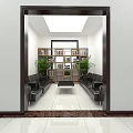 Elegant Hotel Public Lounge With Black Leather Sofas Bookshelves Green Plants And Shiny Marble Floor Lighting