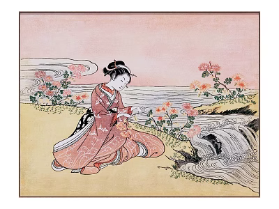 Traditional Kimono Woman In Ukiyo E Style Art With Chrysanthemums And Waves 3d model