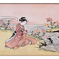 Traditional Kimono Woman In Ukiyo E Style Art With Chrysanthemums And Waves