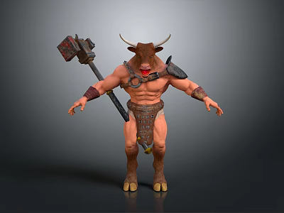 Mythical Bull Warrior Character With Muscular Build Holding Giant Hammer And Armor 3d model