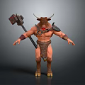 Mythical Bull Warrior Character With Muscular Build Holding Giant Hammer And Armor