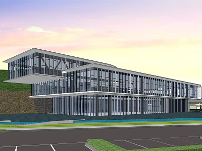 Modern Two Story Sales Office Building With Glass Curtain Walls Green Landscape And Parking Area 3d model