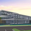 Modern Two Story Sales Office Building With Glass Curtain Walls Green Landscape And Parking Area