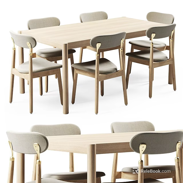 Modern Wooden Dining Table Set With Gray Padded Chairs And Metal Accents 3d model 