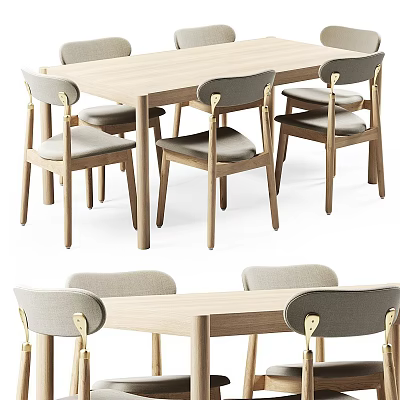 Modern Wooden Dining Table Set With Gray Padded Chairs And Metal Accents 3d model