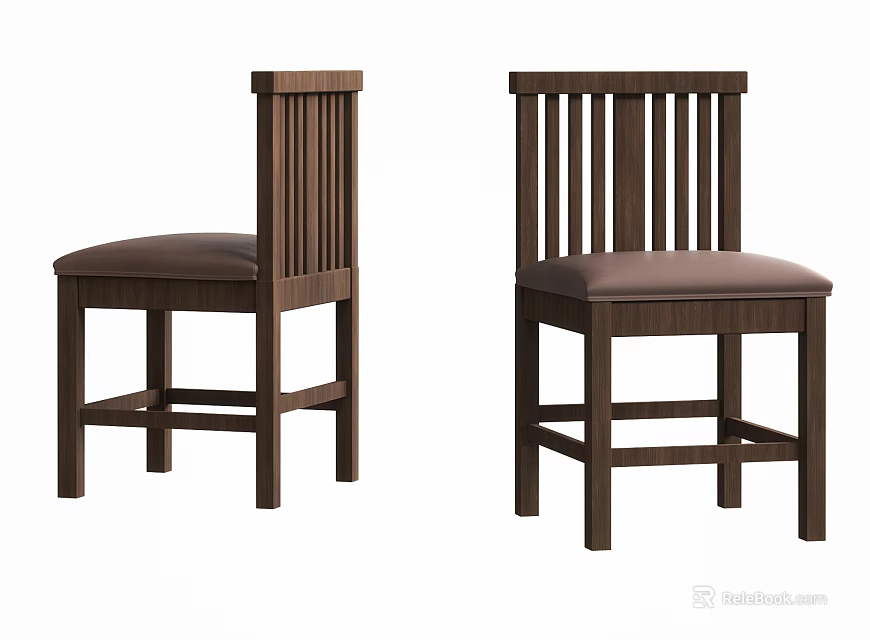 Classic Wooden Dining Chairs With Vertical Slat Back And Brown Padded Seat 3d model 