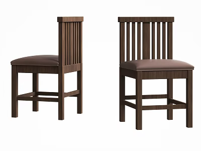 Classic Wooden Dining Chairs With Vertical Slat Back And Brown Padded Seat 3d model