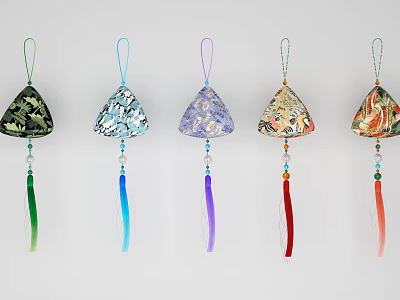 Five Colorful Triangular Pendant Ornaments With Different Patterns And Beaded Tassels 3d model