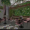 Café Interior Design With Green Plants Wooden Counter Cake Display And Decorative Shelves