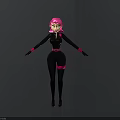 Woman with pink hair in black tight outfit with pink accents standing against gray background