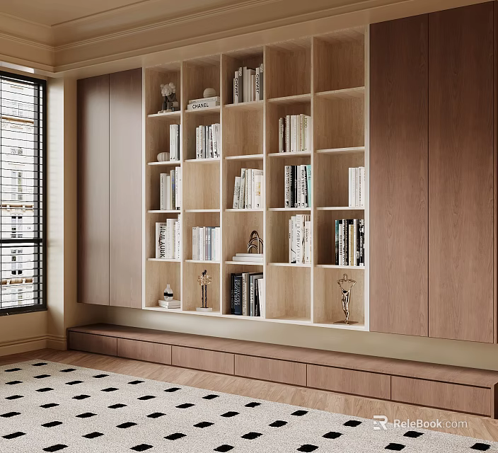 Modern Wooden Bookcase Interior Design With Multiple Shelves And Decorative Items 3d model 