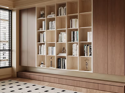 Modern Wooden Bookcase Interior Design With Multiple Shelves And Decorative Items 3d model