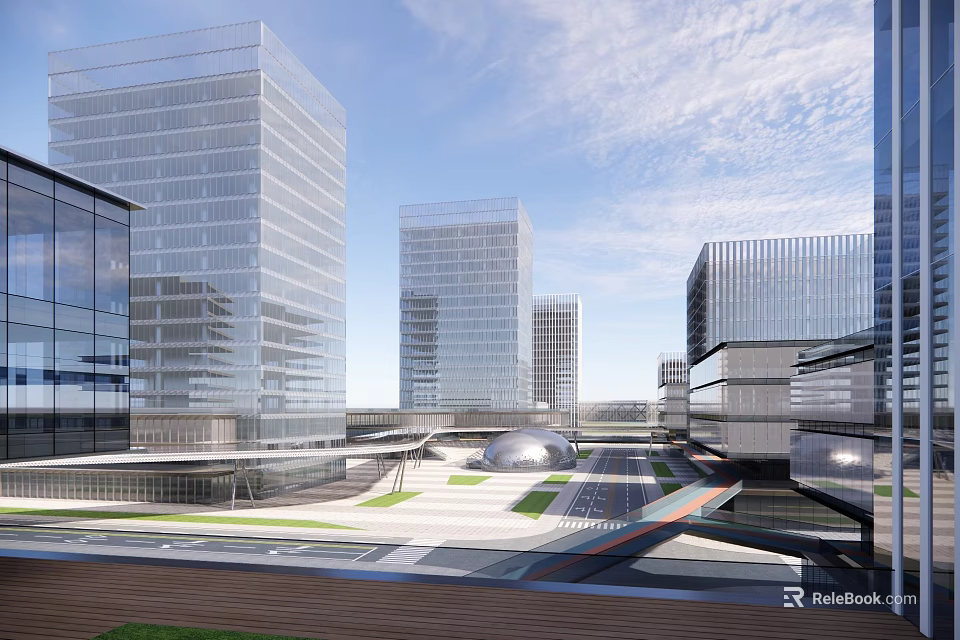 Modern Urban Architecture With Tall Glass Buildings Open Plaza And Walkways 3d model 