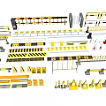 Various Traffic Safety Barriers And Road Warning Equipment With Yellow Black Stripes And Cones