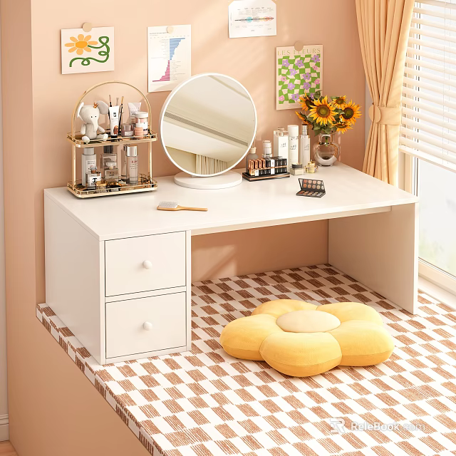 White Dressing Table With Round Mirror Cosmetic Organizer Sunflowers Drawers And Flower Shaped Cushion 3d model 
