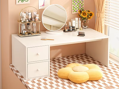 White Dressing Table With Round Mirror Cosmetic Organizer Sunflowers Drawers And Flower Shaped Cushion 3d model