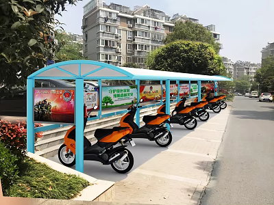 Blue Street Side Shelter Covering Orange Electric Scooters In Residential Area 3d model