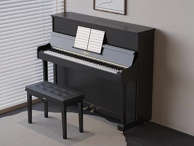 Black Piano With Sheet Music And Art Supplies In Room With Window Blinds Framed Art 3d model