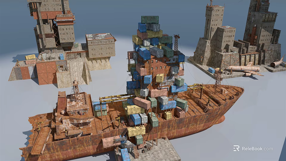 Rusty Cargo Ship Loaded With Colorful Containers In Urban Area 3d model 