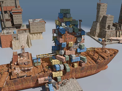 Rusty Cargo Ship Loaded With Colorful Containers In Urban Area 3d model