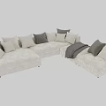 Modern Sectional Sofa In Neutral Tones With Multiple Pillows And Throw Blanket 3d model