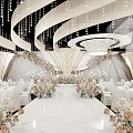 Luxurious Banquet Hall Interior With Crystal Chandeliers White Tables And Flower Arrangements