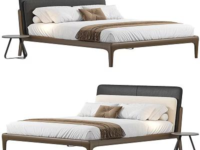 Modern Double Bed With Dark Headboard Light Bedding And Metal Frame Nightstand 3d model