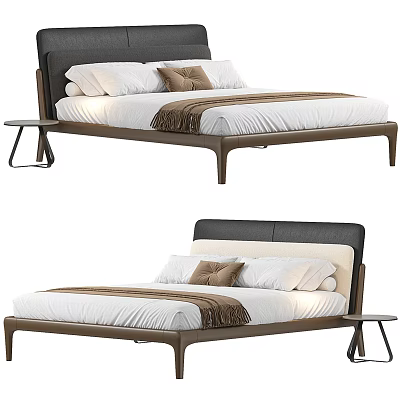 Modern Double Bed With Dark Headboard Light Bedding And Metal Frame Nightstand 3d model