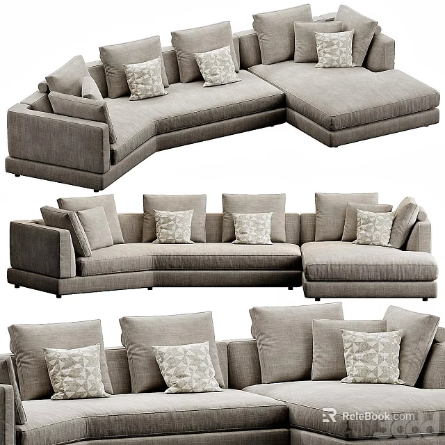Modern Gray Sectional Sofa With Multiple Decorative Pillows And Upholstered Design 3d model