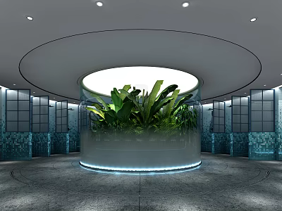 SPA Sauna Interior Featuring Circular Glass Structure Green Plants Blue Tiled Walls And Ceiling Lights 3d model