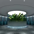 SPA Sauna Interior Featuring Circular Glass Structure Green Plants Blue Tiled Walls And Ceiling Lights