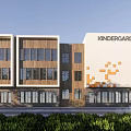Modern Multi Story School Building Exterior With Wooden Facade Large Windows And Trees