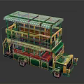 Green And Yellow Double Decker Bus Model With Striped Canopy And Upper Deck Seating