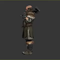 Bald Bearded Man In Fur Armor Carrying Two Axes Warrior Character