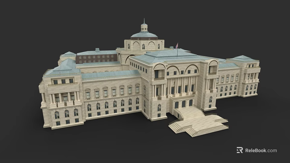 Classical Style Office Building Exterior With Dome Windows Columns And Steps 3d model