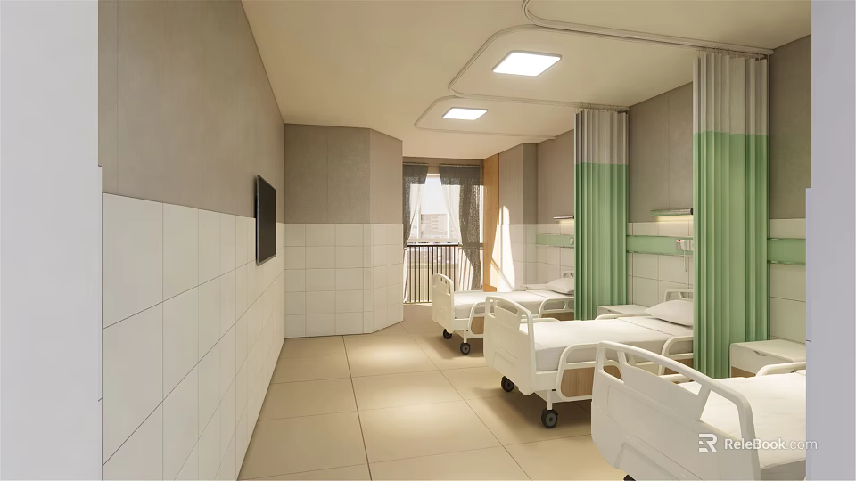 Modern Medical Ward Interior With White Tiled Walls TV Green Curtains And Beds 3d model 